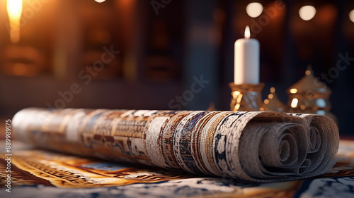 jewish orthodox holidays, during prayer items prayer shawl tallit with torah scroll in a synagogue, Generative AI.