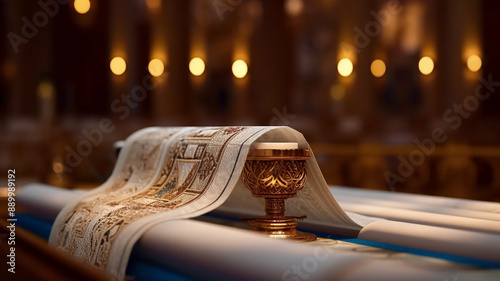 jewish orthodox holidays, during prayer items prayer shawl tallit with torah scroll in a synagogue, Generative AI. photo