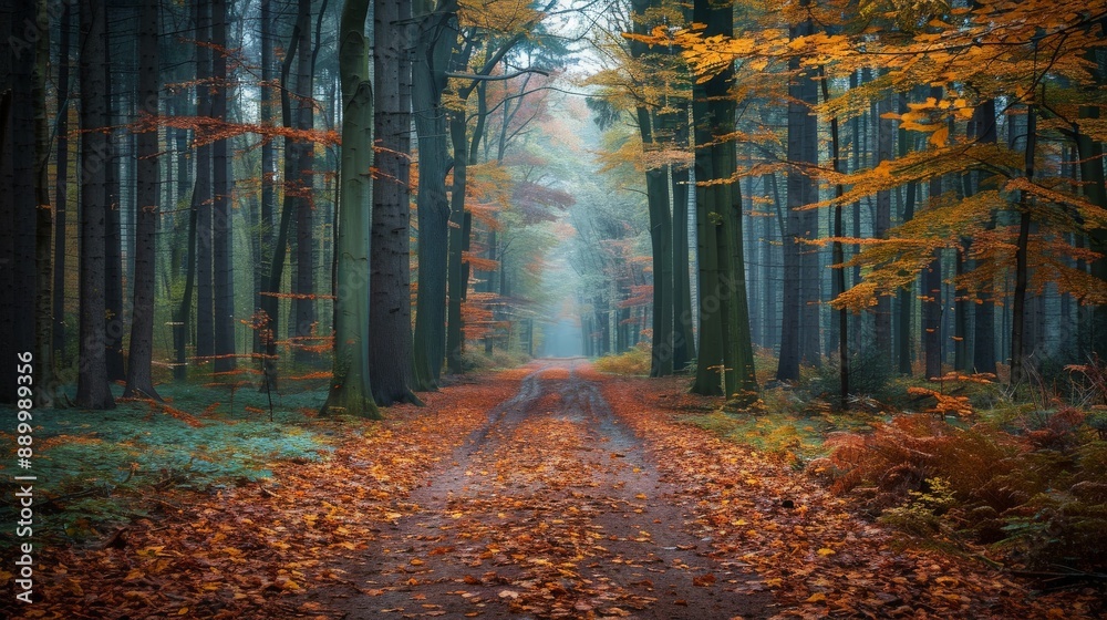 Fototapeta premium A tranquil forest path covered in fallen leaves, inviting a peaceful walk under the canopy of tall trees