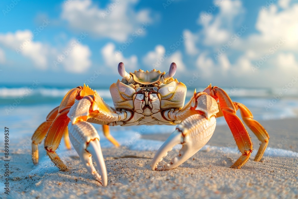 Detailed close up of a massive crab standing prominently on the sandy shore of a beach Detailed close up of a massive crab standing prominently on the sandy shore of a beach