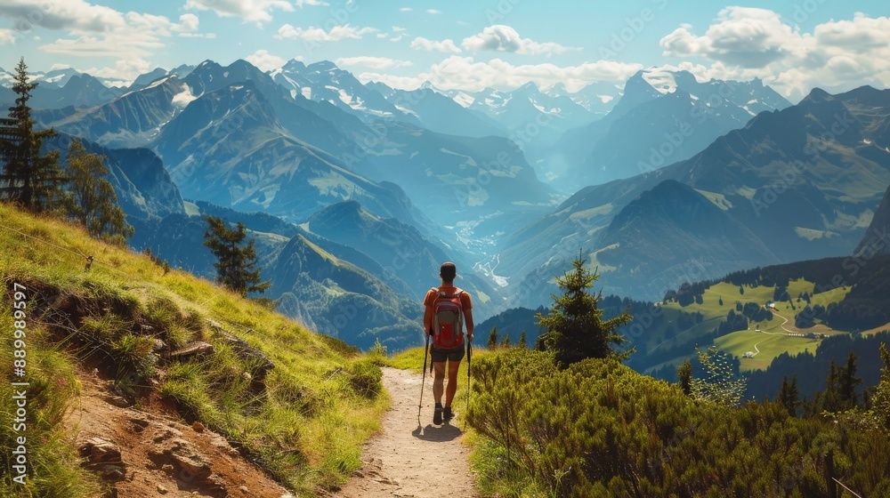 A traveler hiking on a scenic mountain trail, with a panoramic view of the valley and peaks ahead A traveler hiking on a scenic mountain trail, with a panoramic view of the valley and peaks ahead