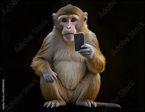A monkey holding up a cell phone to take a picture. Great for technology or wildlife concepts
