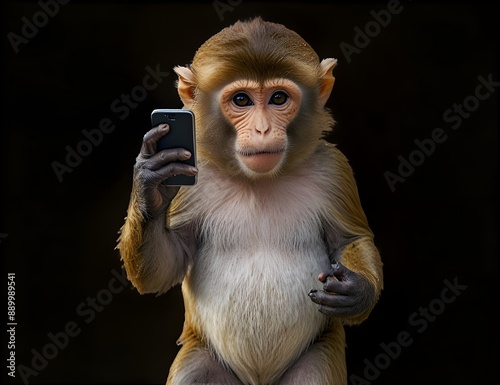 A monkey holding up a cell phone to take a picture. Great for technology or wildlife concepts
