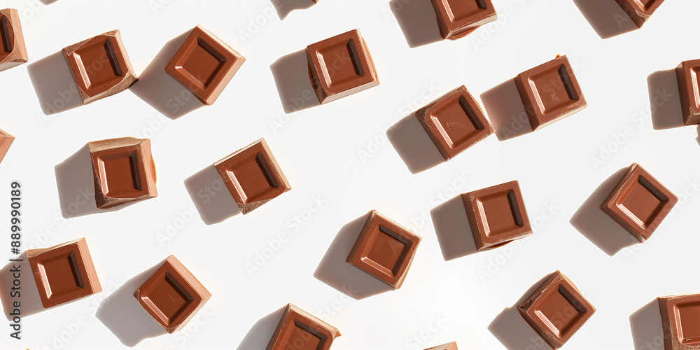 A background of milk chocolate squares, each with its shadow, scattered across the canvas in an elegant display, with soft shadows on a white background A background of milk chocolate squares, each with its shadow, scattered across the canvas in an elegant display, with soft shadows on a white background