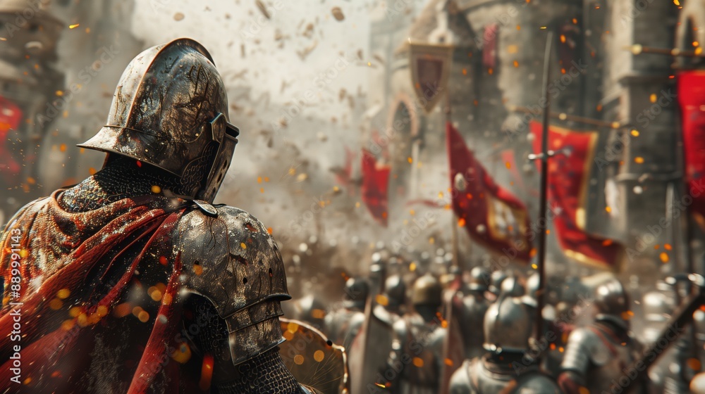 Obraz premium Clash of Knights: Intricately Detailed Medieval Battle Scene with Dynamic Motion and Dramatic Lighting