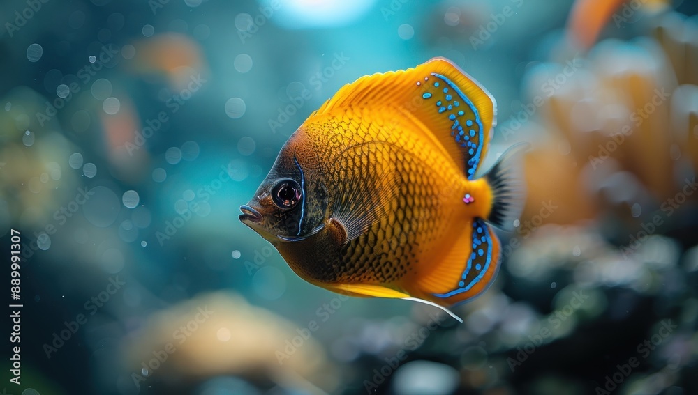 Naklejka premium Yellow Fish with Blue Stripes Swimming Through Clear Water