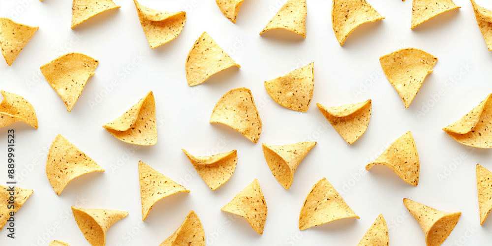 A background of nachos, each with its shadow, scattered across the canvas in an elegant display, with soft shadows on a white background A background of nachos, each with its shadow, scattered across the canvas in an elegant display, with soft shadows on a white background