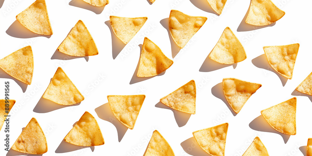 A background of nachos, each with its shadow, scattered across the canvas in an elegant display, with soft shadows on a white background A background of nachos, each with its shadow, scattered across the canvas in an elegant display, with soft shadows on a white background