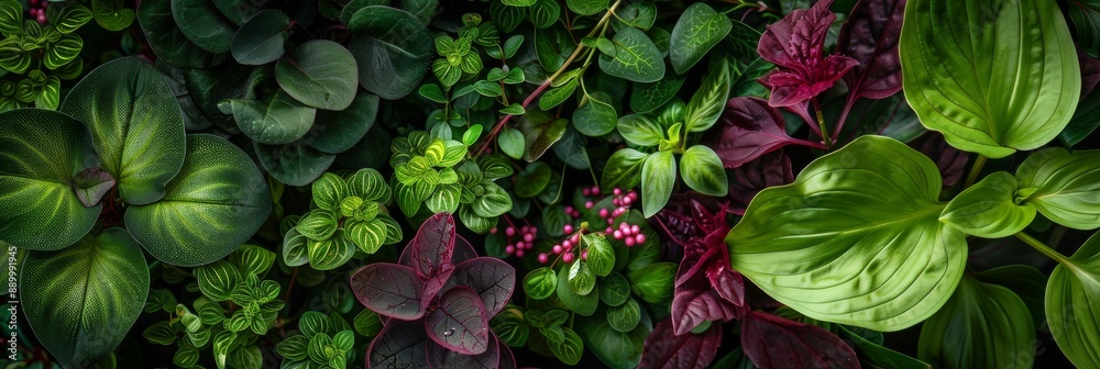 Close-up photo of assorted green and purple leaves, showcasing a variety of textures and shapes for digital design Close-up photo of assorted green and purple leaves, showcasing a variety of textures and shapes for digital design