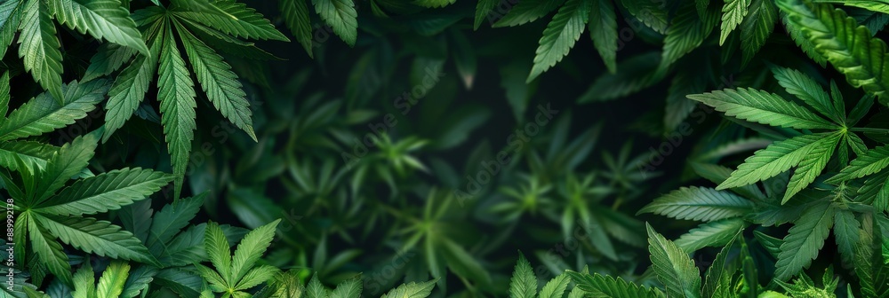 A close-up, top-down view of a circular frame created by cannabis leaves, leaving a central space for text A close-up, top-down view of a circular frame created by cannabis leaves, leaving a central space for text