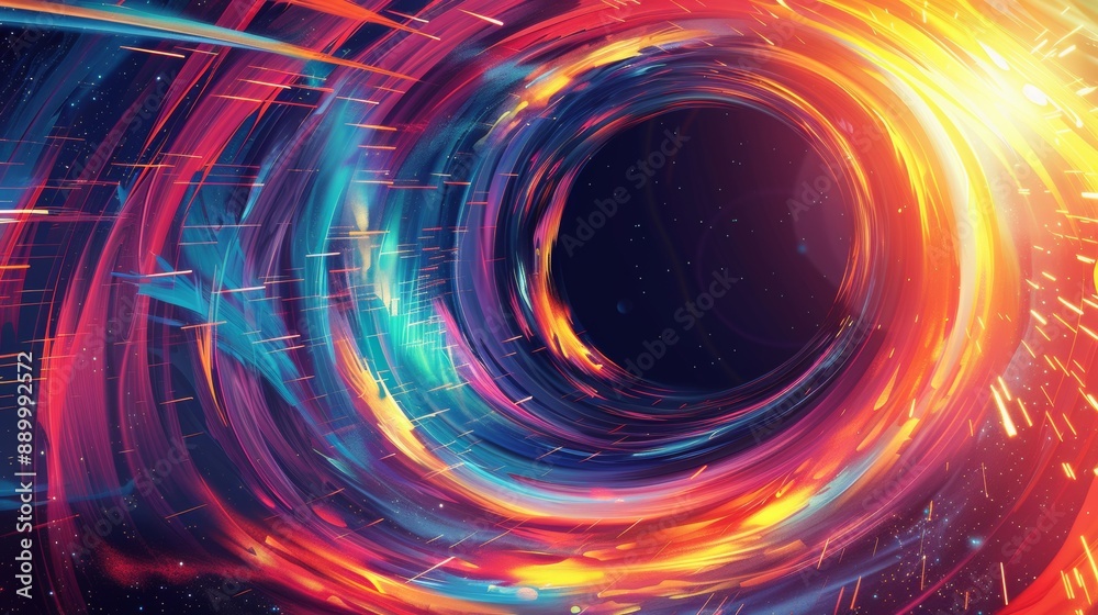 Illustration black hole emanating streaks of vibrant light, symbolizing the immense energy. Illustration black hole emanating streaks of vibrant light, symbolizing the immense energy.