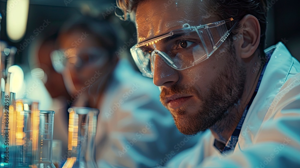 A team of researchers wearing safety goggles and lab coats, conducting an experiment involving complex chemical reactions. A team of researchers wearing safety goggles and lab coats, conducting an experiment involving complex chemical reactions.
