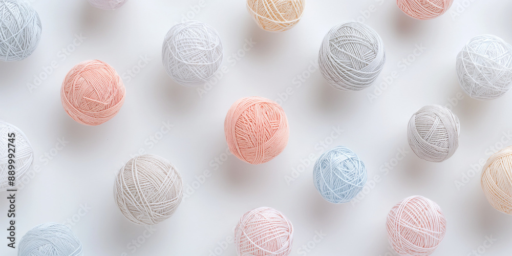 A background of pastel-colored linen yarn balls, each with its shadow, scattered across the canvas in an elegant display, with soft shadows on a white background A background of pastel-colored linen yarn balls, each with its shadow, scattered across the canvas in an elegant display, with soft shadows on a white background