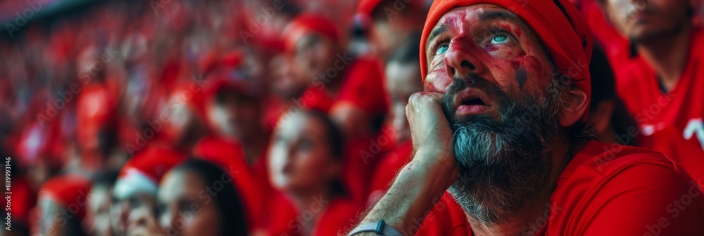 Obraz premium A dejected football fan wearing a red jersey and painted face, looks up in disappointment as he reacts to his team's loss at a stadium filled with other red-clad fans