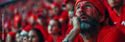 A dejected football fan wearing a red jersey and painted face, looks up in disappointment as he reacts to his team's loss at a stadium filled with other red-clad fans