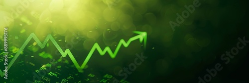 A green arrow indicating growth trends upwards on a digital finance chart. The chart is set against a green background with a soft focus effect