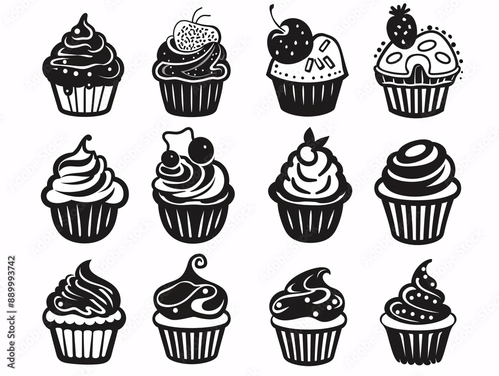 4. Vector illustration set of black cupcake and muffin logos, featuring a variety of detailed and decorative pastry designs, each isolated on a white background, making them perfect for icons, 4. Vector illustration set of black cupcake and muffin logos, featuring a variety of detailed and decorative pastry designs, each isolated on a white background, making them perfect for icons,
