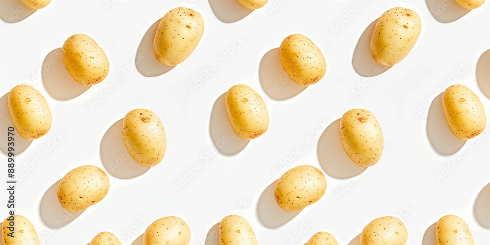 A background of potato skins, each with its shadow, scattered across the canvas in an elegant display, with soft shadows on a white background A background of potato skins, each with its shadow, scattered across the canvas in an elegant display, with soft shadows on a white background