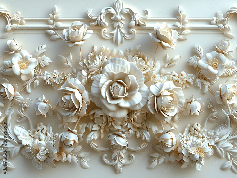 Wall adorned with a 3D floral design, creating a visually appealing atmosphere.