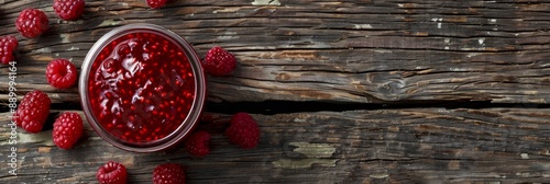 A jar of raspberry jam sits on a rustic wooden table surrounded by fresh raspberries