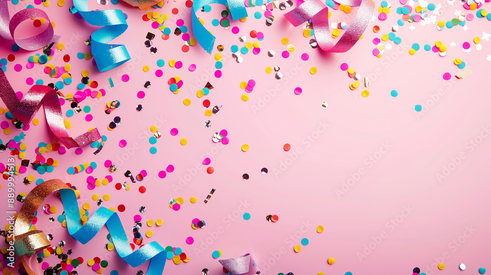 Obraz premium Party decoration border serpentine and confetti. Holidays background