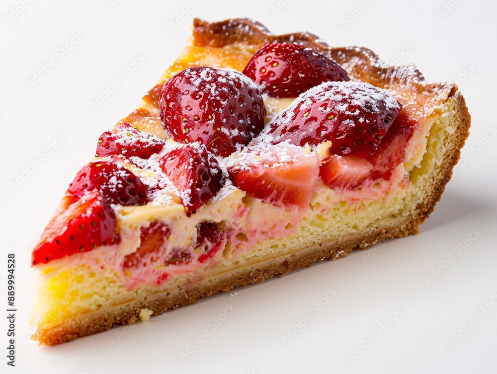 5. A slice of strawberry chess cake, with its rich and creamy interior contrasted by a golden-brown crust, topped with fresh strawberries and a light dusting of powdered sugar, set against a simple 5. A slice of strawberry chess cake, with its rich and creamy interior contrasted by a golden-brown crust, topped with fresh strawberries and a light dusting of powdered sugar, set against a simple