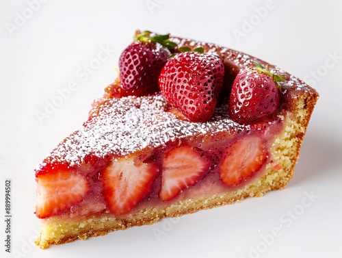 5. A slice of strawberry chess cake, with its rich and creamy interior contrasted by a golden-brown crust, topped with fresh strawberries and a light dusting of powdered sugar, set against a simple