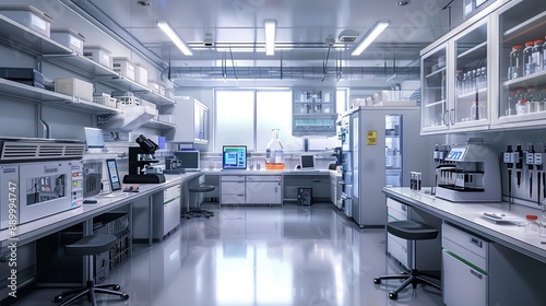 A detailed image of a cell culture lab with incubators, biosafety cabinets, and microscopes, all arranged meticulously.