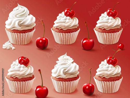 3. A collection of intricately designed vector cupcakes featuring generous whipped cream and a juicy cherry, with detailed perspectives from the front, top, and bottom, showcasing the elegance of