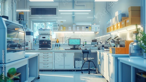 A detailed image of a cell culture lab with incubators, biosafety cabinets, and microscopes, all arranged meticulously.
