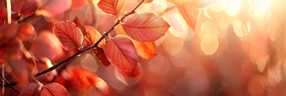 A branch with red autumn leaves illuminated by sunlight. The leaves are close-up and in focus, while the background is a soft blur of light and color A branch with red autumn leaves illuminated by sunlight. The leaves are close-up and in focus, while the background is a soft blur of light and color