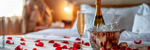 A champagne bottle in an ice bucket and a glass of champagne sit on a bed covered in rose petals in a romantic hotel room photo