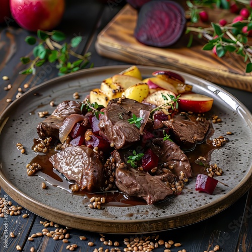 Traditional venison stew with lingonberries and roasted apples photo