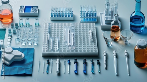 A detailed view of a lab bench with pipettes, test tubes, and a digital balance, all arranged for a meticulous experiment.