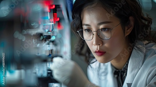 A researcher adjusting the settings on a flow cytometer, preparing for a detailed cellular analysis. photo