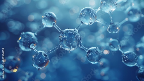 A close-up view of hydrogen molecules, rendered in a vibrant blue, against a bokeh background