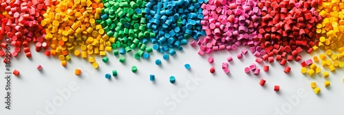 Vibrant plastic masterbatch pellets in various colors are spread out on a white background, viewed from above photo