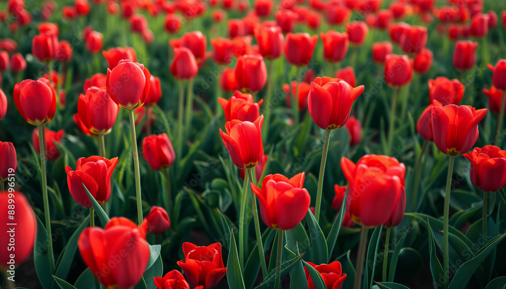Lively fresh tulip fields, vivid green foliage and bright red tulip flowers Lively fresh tulip fields, vivid green foliage and bright red tulip flowers