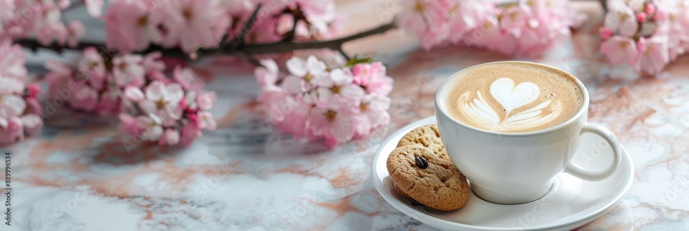 A white coffee cup with a heart design in the foam sits on a white saucer, accompanied by cookies, on a marble countertop with pink blossoms in the background A white coffee cup with a heart design in the foam sits on a white saucer, accompanied by cookies, on a marble countertop with pink blossoms in the background
