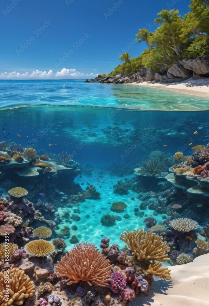 Tropical Beach and Coral Reef Underwater Scene. Tropical Beach and Coral Reef Underwater Scene.
