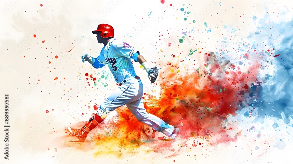 Athletic man runs doing sports on a white background with an explosion of colored paint. Athletic man runs doing sports on a white background with an explosion of colored paint.