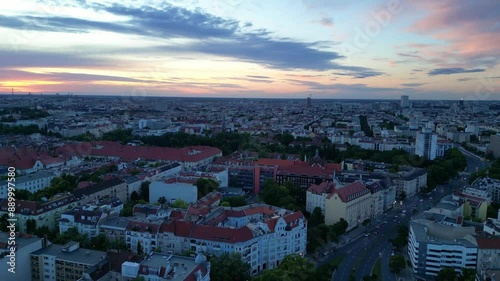 Berlin skyline Bundesplatz, sunset dramatic clouds. Fantastic aerial view drone photo