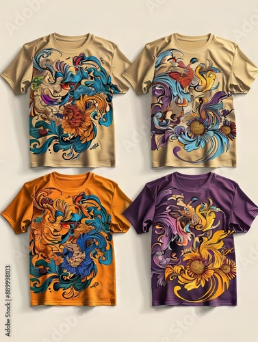 Colorful Artistic Tshirt Designs with Floral and Animal Motifs photo