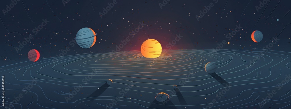 Fototapeta premium Illustration planets orbiting a central star, their positions changing dynamically.