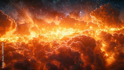 Fiery Sky with Clouds and Stars