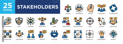 Stakeholder, business, management, collaboration, strategy, team icon set. icons collection. Simple vector illustration