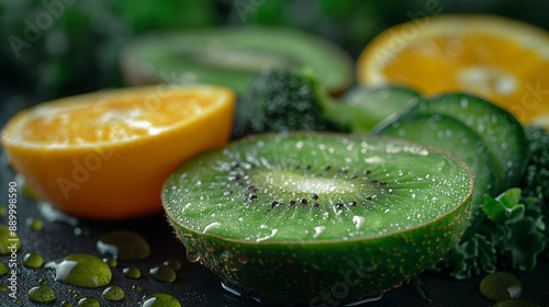 sliced avocado, sliced kiwi, kiwi, kale, green apple, many oil oranges, sliced cucumber, cucumber, broccoli, spinach. Ultra high definition. It's very fresh. There are a few small water droplets on it