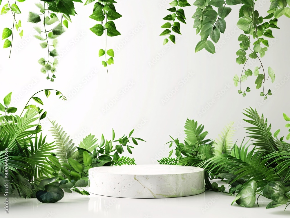 4. A beautifully detailed 3D rendering of a product display podium adorned with a variety of green leaves, placed on a crisp white background, creating a serene and natural display environment 4. A beautifully detailed 3D rendering of a product display podium adorned with a variety of green leaves, placed on a crisp white background, creating a serene and natural display environment