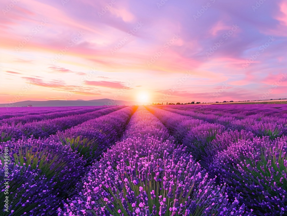 Naklejka premium 3. A picturesque view of a lavender field in Provence at sunset, with the sun dipping below the horizon, painting the sky in shades of pink and purple, and casting a magical glow over the endless