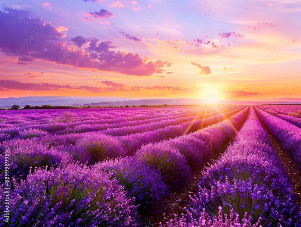 Fototapeta premium 3. A picturesque view of a lavender field in Provence at sunset, with the sun dipping below the horizon, painting the sky in shades of pink and purple, and casting a magical glow over the endless
